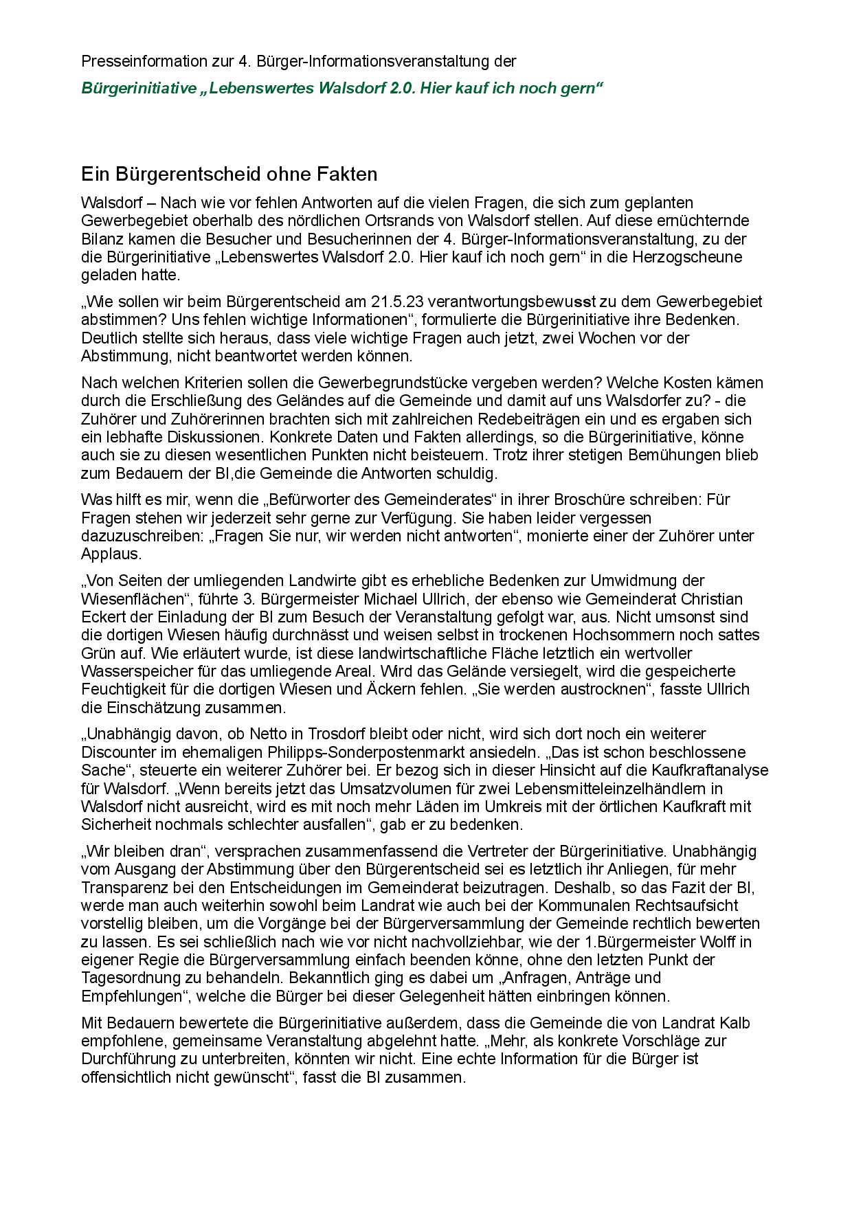 Pressemitteilung BI zur 4. Informationsveranstaltung 05.05.2023